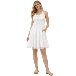 URYIAO White Halter Mini Dress Lace Trim Coquette Cottagecore Womens L NWT